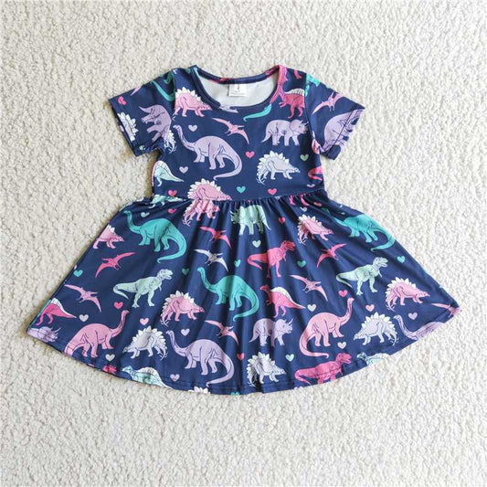 A0-12 Valentine's Day Colorful Dinosaur Heart Short Sleeve Dress