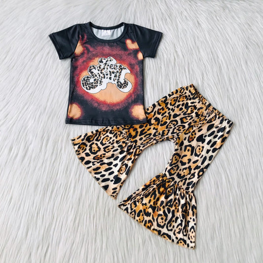 Aa-11 Black Short Sleeve Top Leopard Print Flared Pants