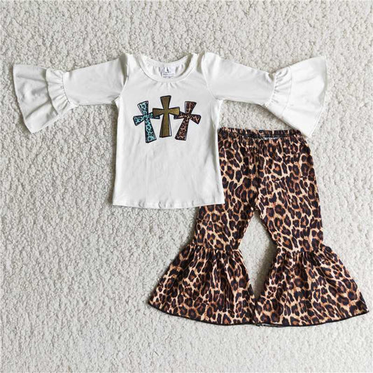 6 B13-19 Easter Cross Leopard Print Flared Pants Set