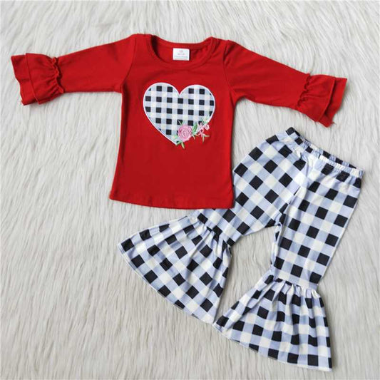 6 B11-36 Valentine's Day Embroidered Plaid Heart Long Sleeve Flared Pants