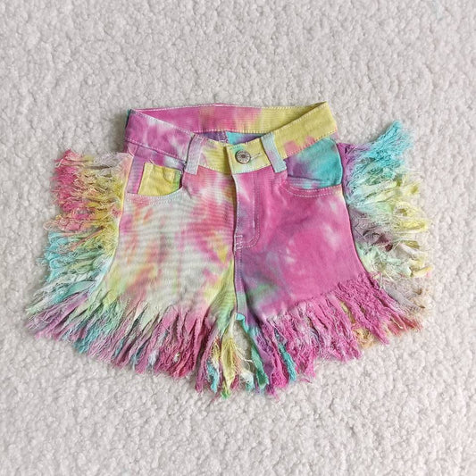 C13-20 fringed tie-dye denim shorts