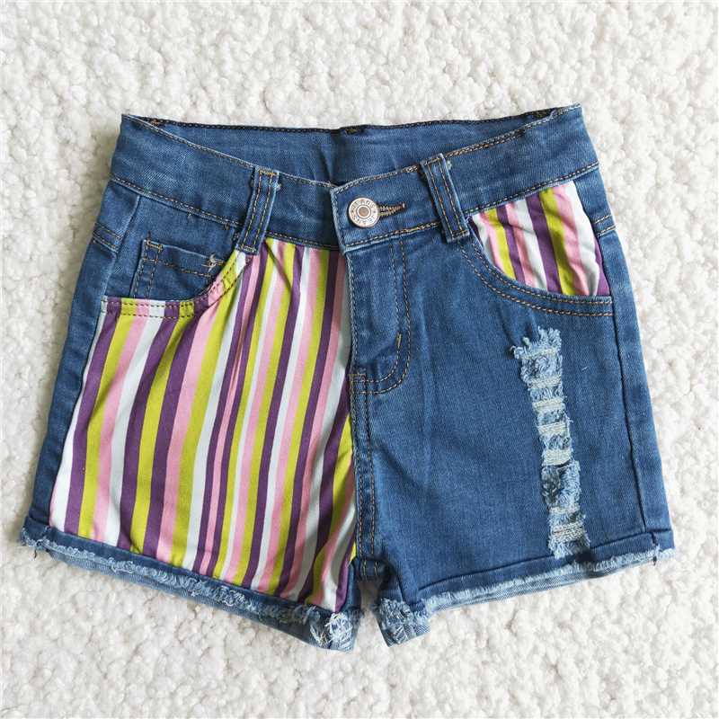 D6-4 Striped Button Blue Denim Shorts