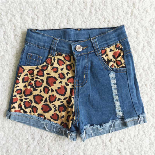 D5-14 Leopard Button Blue Denim Shorts