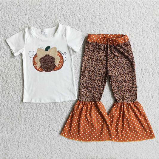 C10-14 Pumpkin Bow Top Leopard Polka Dot Flared Pants