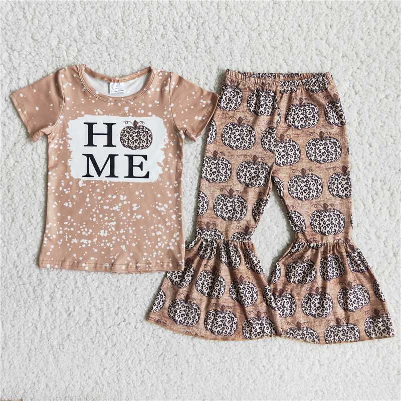 A10-13 Letter Top Pumpkin Flared Pants Set