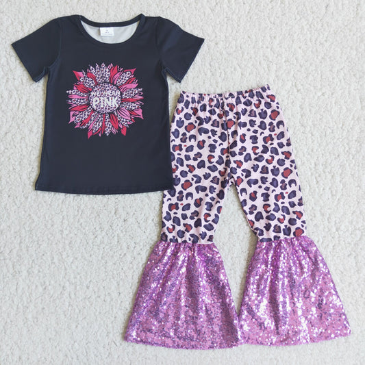 C4-21 Sunflower Black Short Sleeve Purple Leopard Sequin Flare Pants