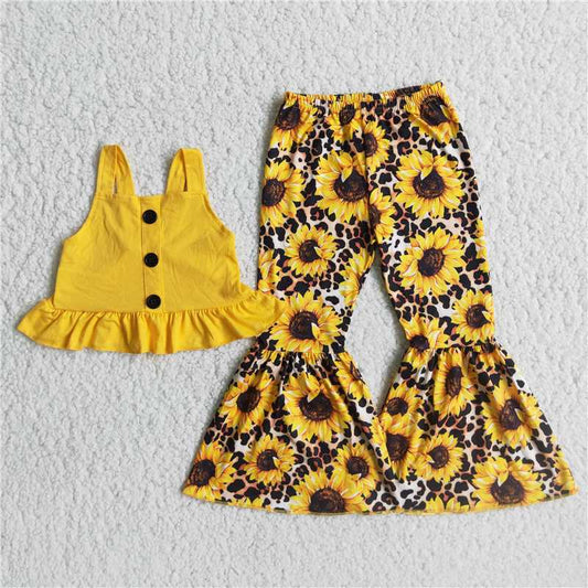 C8-22 Yellow Button-Up Top Sunflower Flared Pants Outfit