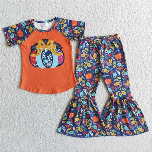 E1-3 Orange Pumpkin Top Pumpkin Leaf Flare Pants Set D 8.7