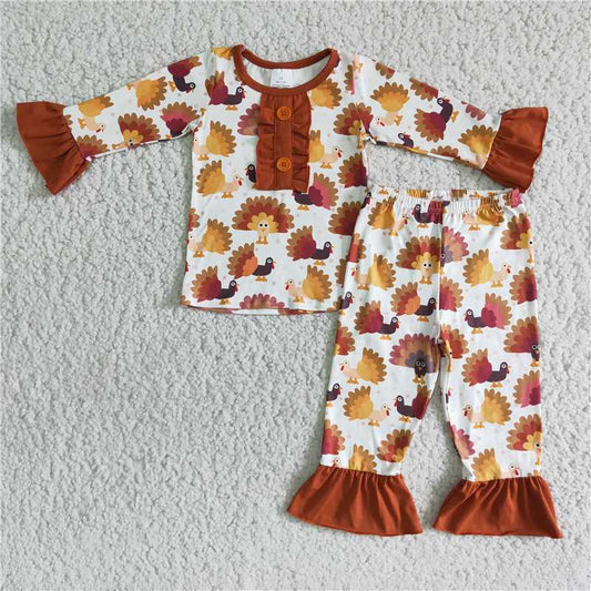 6 A8-13 KIDS GIRLS THANKSGIVING TURKEY PAJAMAS SET