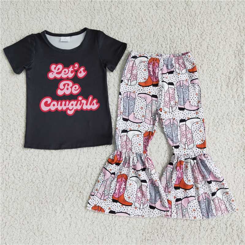 E1-14 Alphabet Black Short Sleeve Boots Pattern Flared Pants