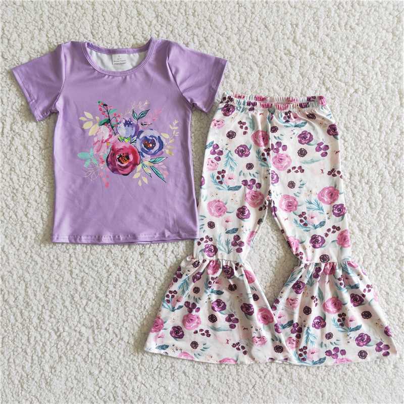 E7-3 Purple Print Short Sleeve Flared Pants Set