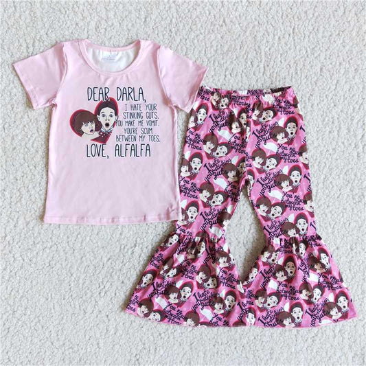 E5-15 Cartoon character LOVE pink short-sleeved flared pants suit