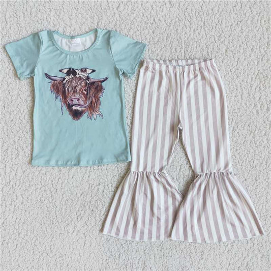 D2-20 Bull Head Short Sleeve Striped Flared Pants Set