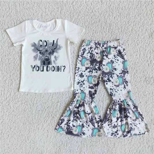 E9-30 cow white short-sleeved cow-print flared pants