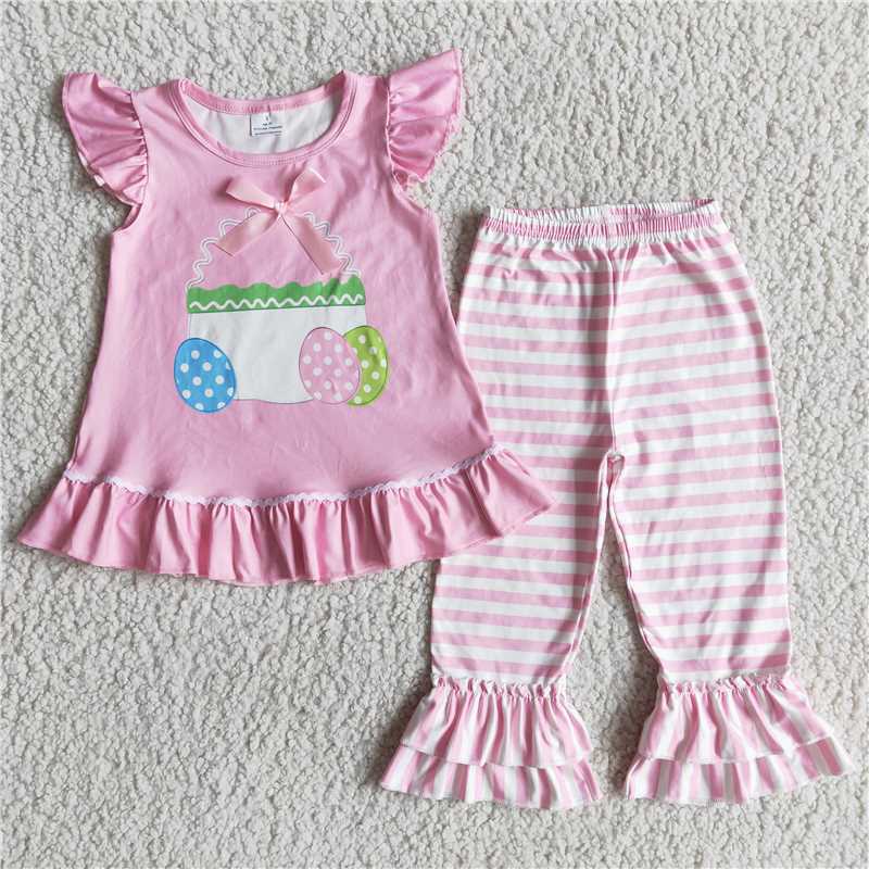 D1-13 Easter Pink Bow Fly Sleeve Egg Top Stripe Long Set