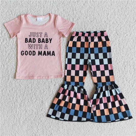 E8-28 Pink Short Sleeve Plaid Flared Pants Set