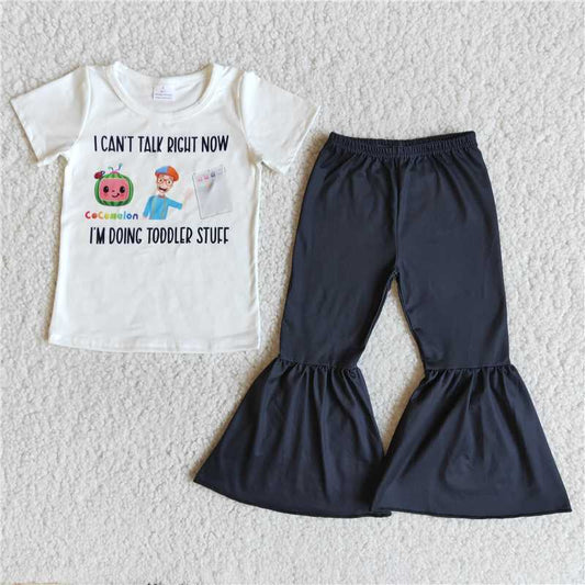 E9-14 Cartoon Short Sleeve Black Flared Pants Set
