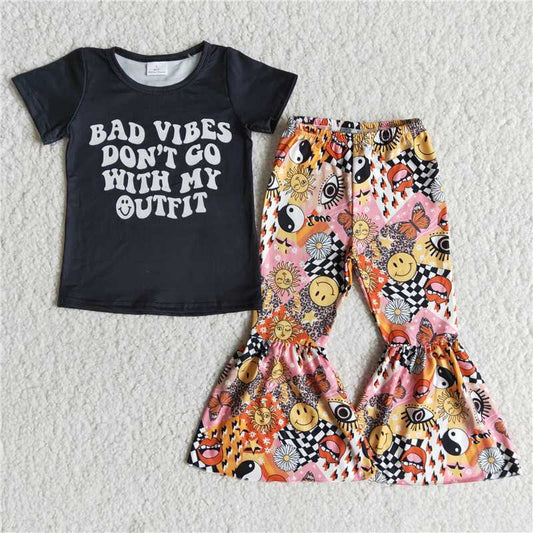 E7-1 Black Short Sleeve Lip  Flare Pants Set