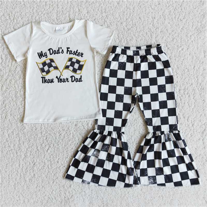 E8-29 White short-sleeved top black and white plaid flared pants set