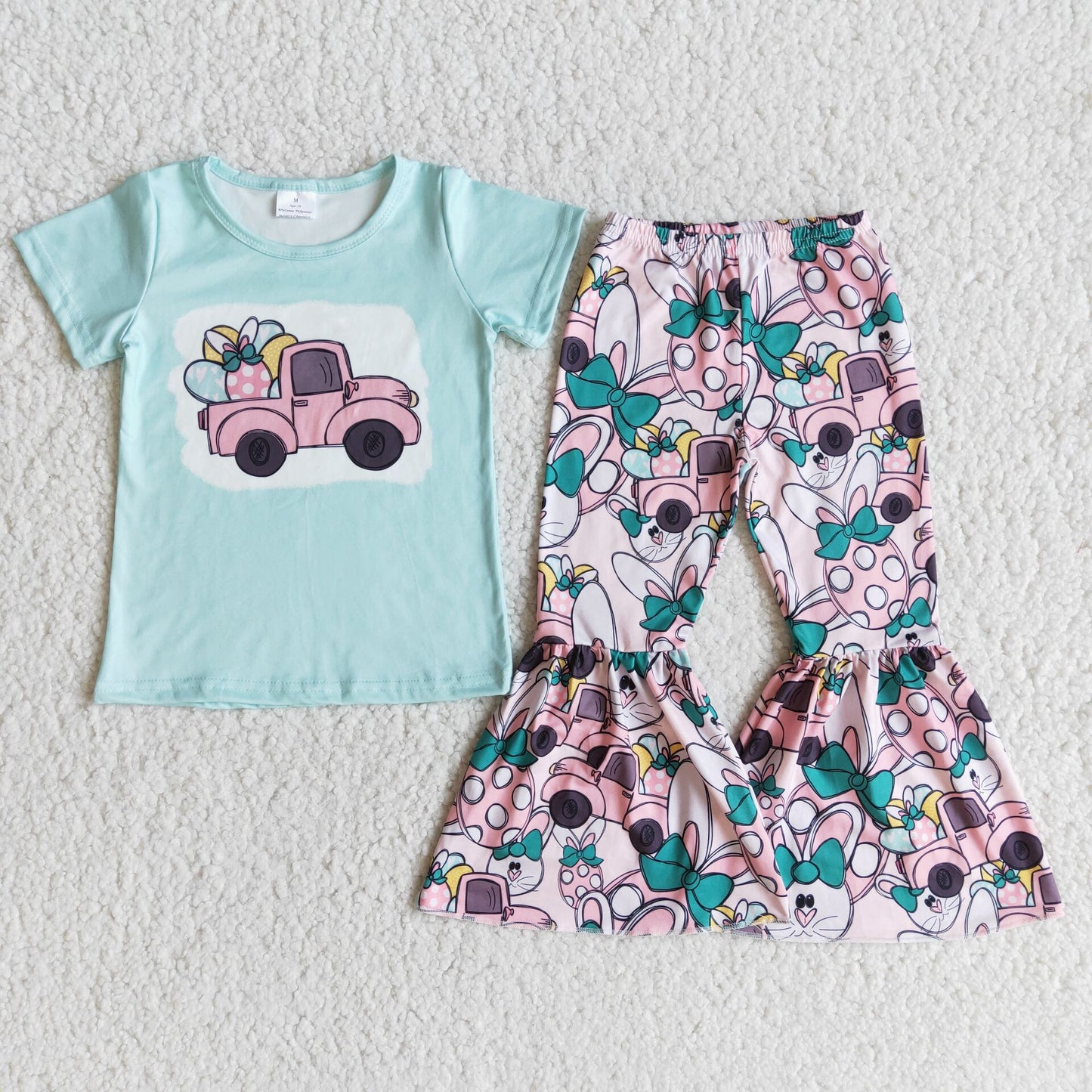 E10-14 Easter Blue Short Sleeve Flare Pants Set