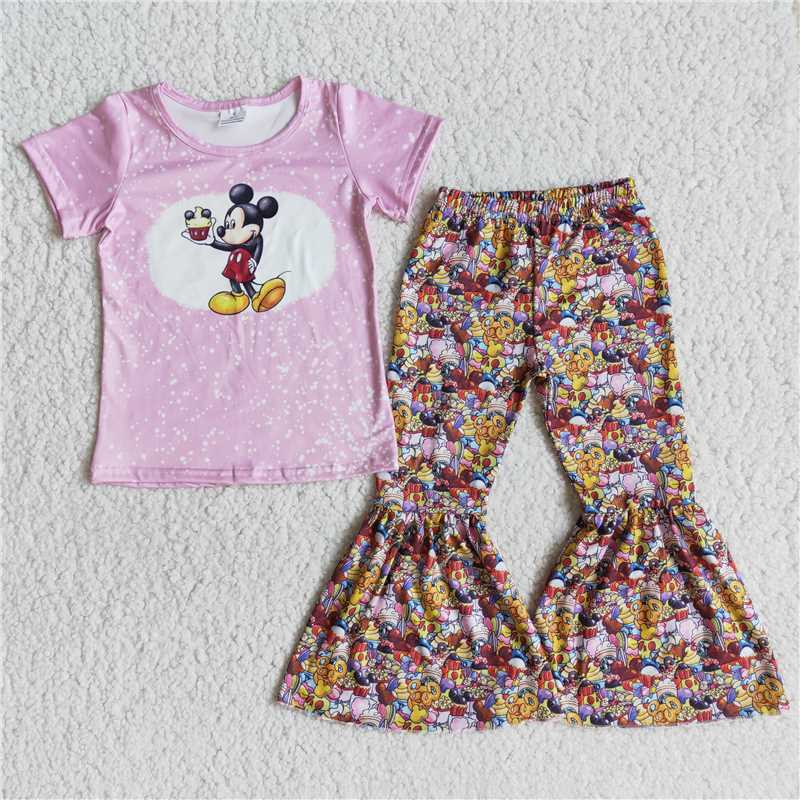 E11-11 Pink Cartoon Short Sleeve Flared Pants Set