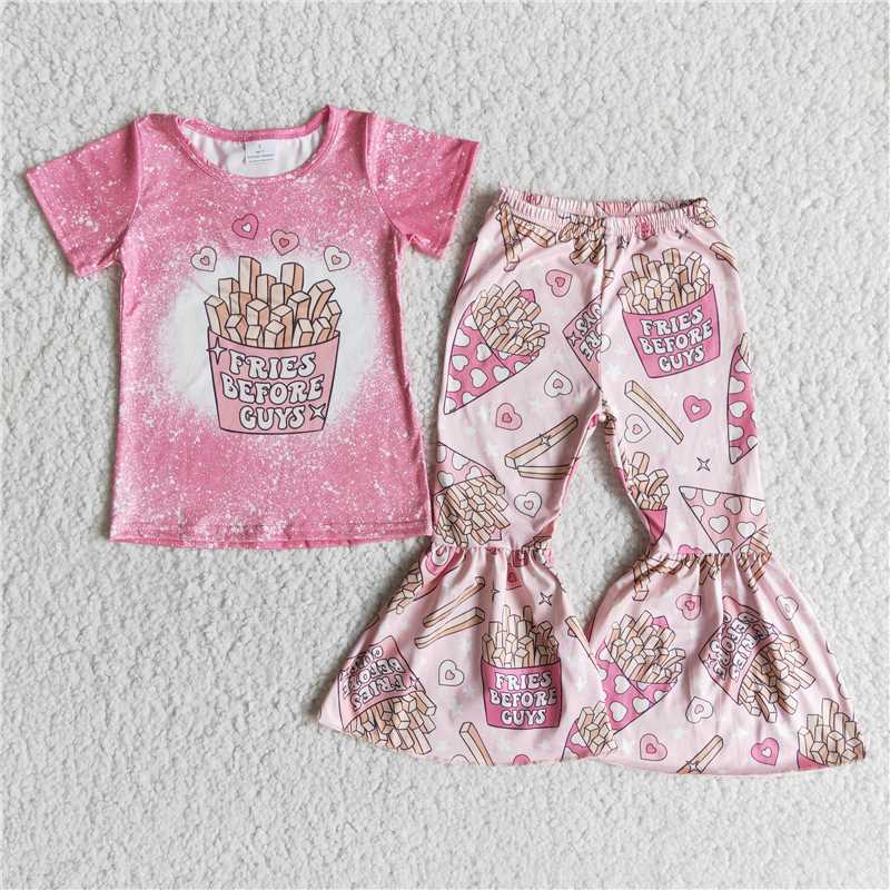 E12-18 French Fries Heart Short Sleeve Flared Pants Set