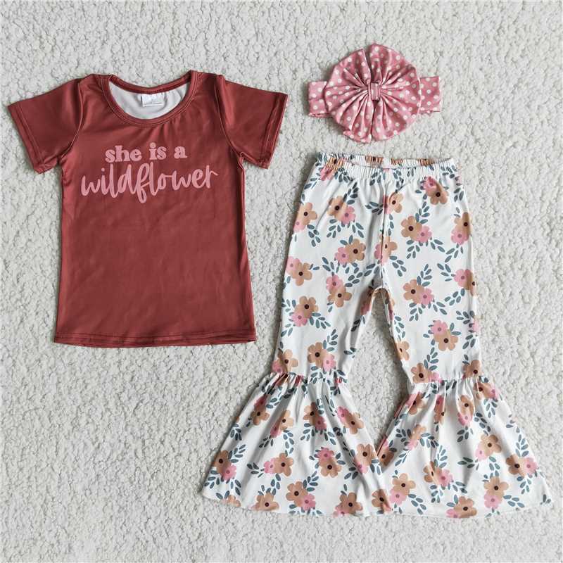 E13-30 Letter Short Sleeve Top Print Flared Pants