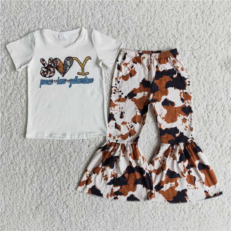 E11-13 Gesture Heart Short Sleeve Ink Pattern Flared Pants Set