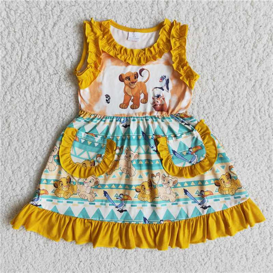 E13-5 Cartoon lion pocket yellow sleeveless dress