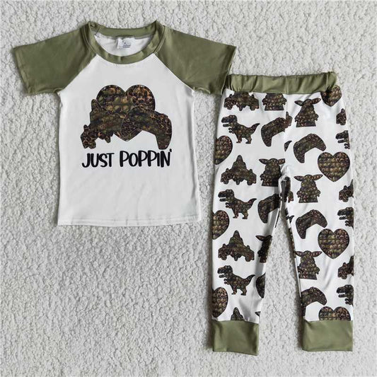 E12-16 Boys Valentine's Day Dinosaur Short Sleeve Pants Set