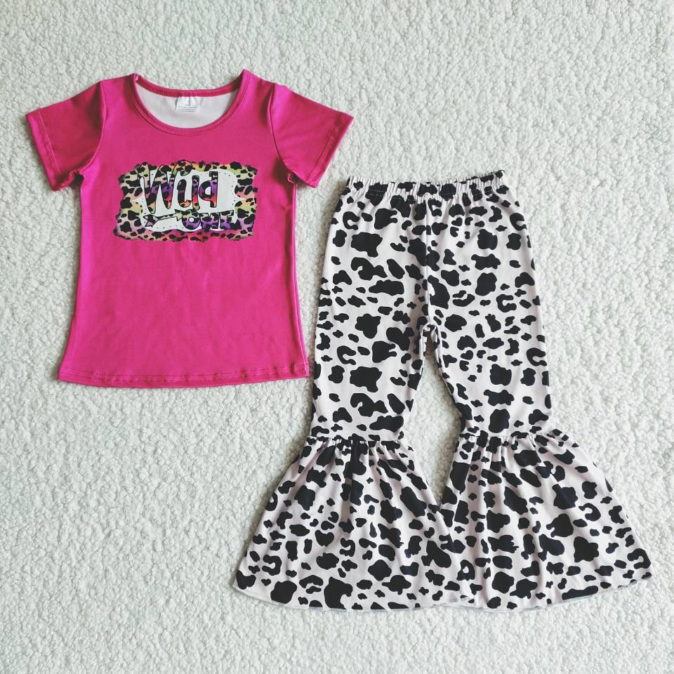 B7-30 Rose Red Short Sleeve Top Leopard Print Flared Pants Suit