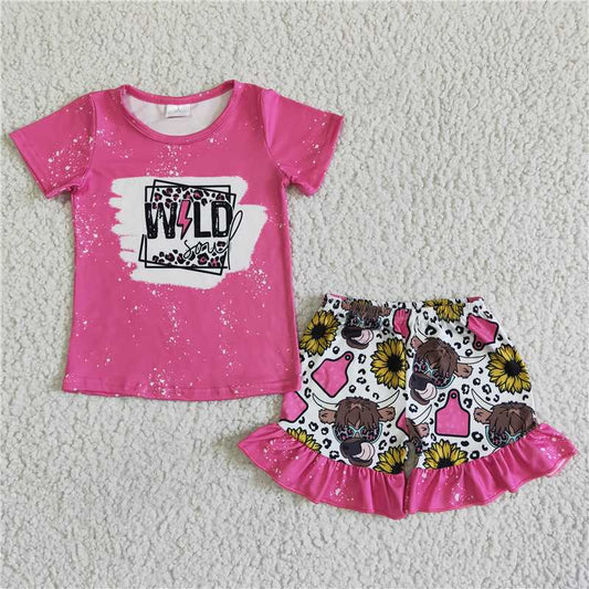 GSSO0067 Girls letter rose red short-sleeved bull head flower lace shorts set