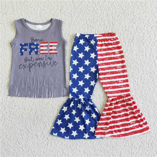 GSPO0050 Girls 4th of July Tassel Grey Sleeveless Pants Set