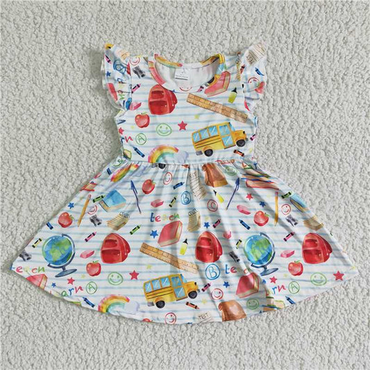 GSD0085 Baby Girl Back to School Smiley Flying Sleeve Dress