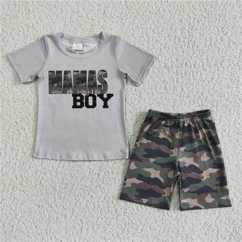 BSSO0049 Boys Grey Short Sleeve Camo Shorts Set