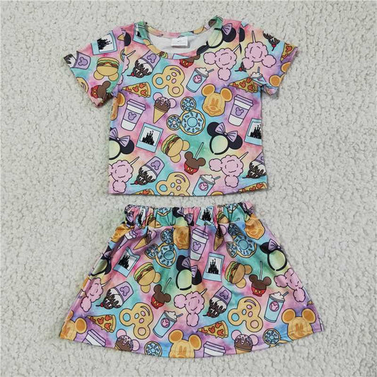 GSD0073 Girls Colored Cartoon Short Sleeve Skirt Suit