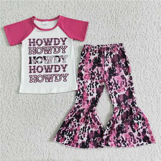 GSPO0018 Pink Short Sleeve Cow Print Flared Pants Set