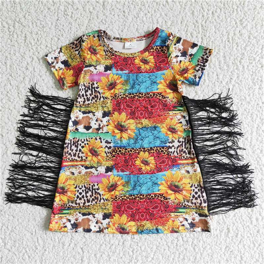 GSD0057 Girls Leopard Print Cow Print Sunflower Sunflower Fringe Dress