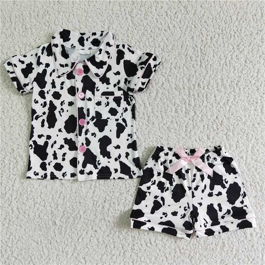 GSSO0113 Girls' Cow Print Button Short Sleeve Lace-Up Shorts Set