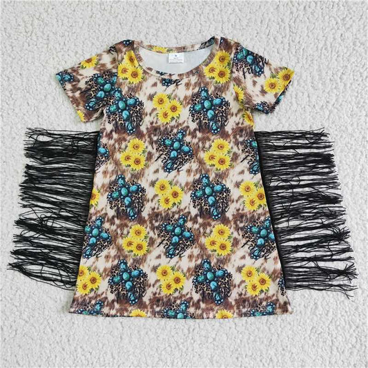 GSD0056 Girls Blue Jewel Sunflower Fringe Short Sleeve Skirt