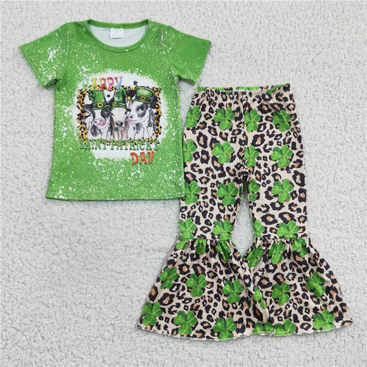 GSPO0329 Girls four-leaf clover cow leopard green short-sleeved trousers