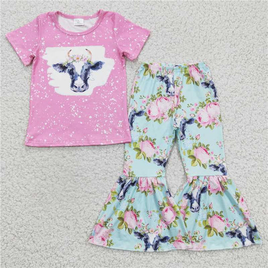 GSPO0395 Girls cow flower pink short-sleeved trousers suit