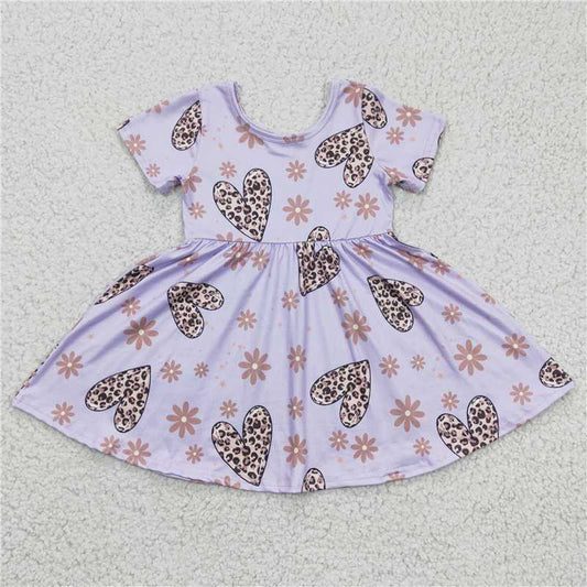 GSD0213 Girls Leopard Print Heart Purple Short Sleeve Dress