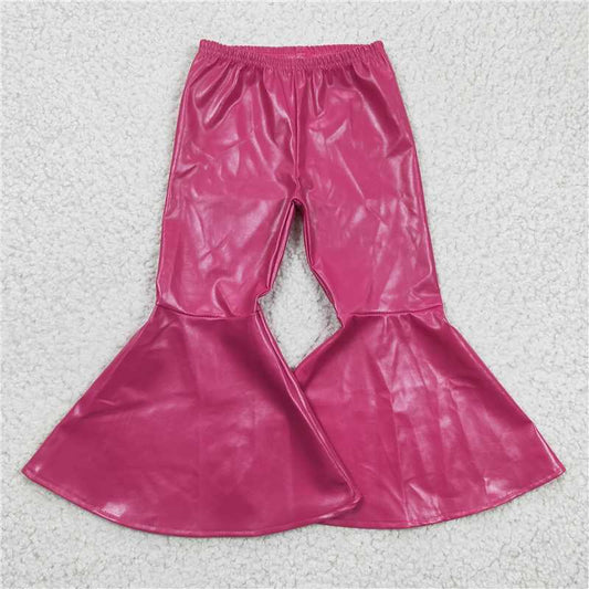 P0048 Rose Red Flared Leather Pants
