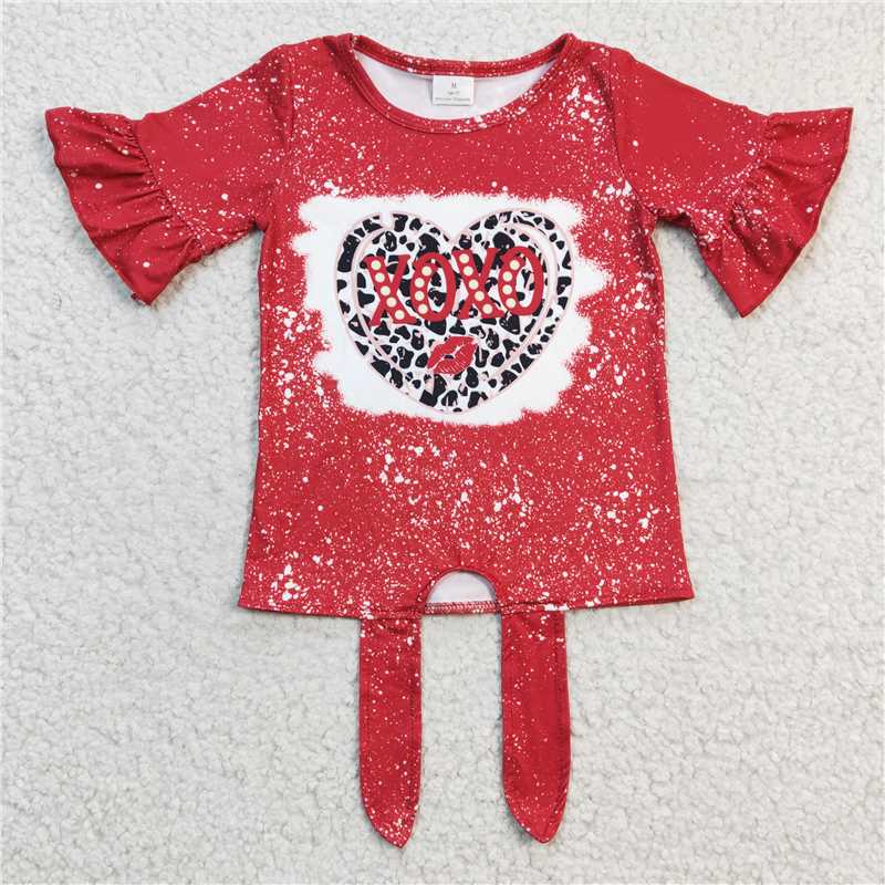 GT0127 Girls XOXO cow pattern heart red short-sleeved top