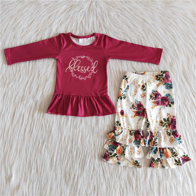 6 A16-28 Dark Red Long Sleeve Top Flower Pants