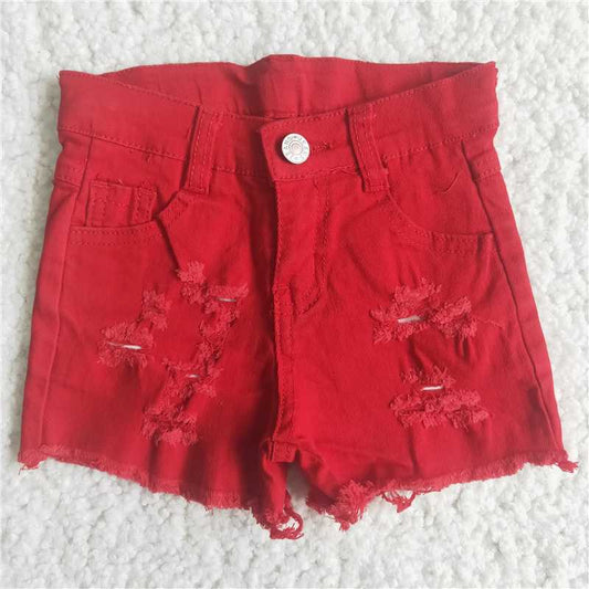 A9-20 Red Button Frayed Summer Denim Shorts