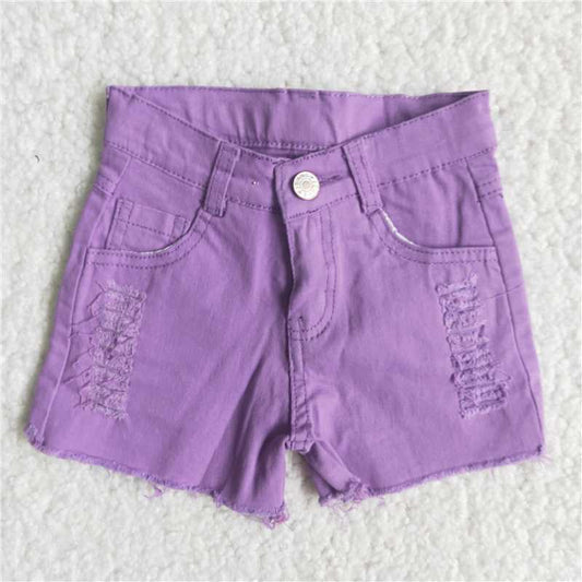 D13-4 Purple Button Frayed Summer Denim Shorts