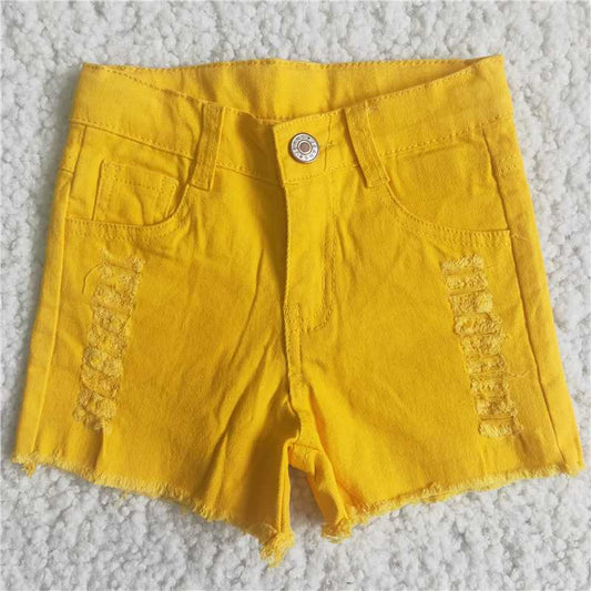 A11-12 Yellow Button Frayed Summer Denim Shorts