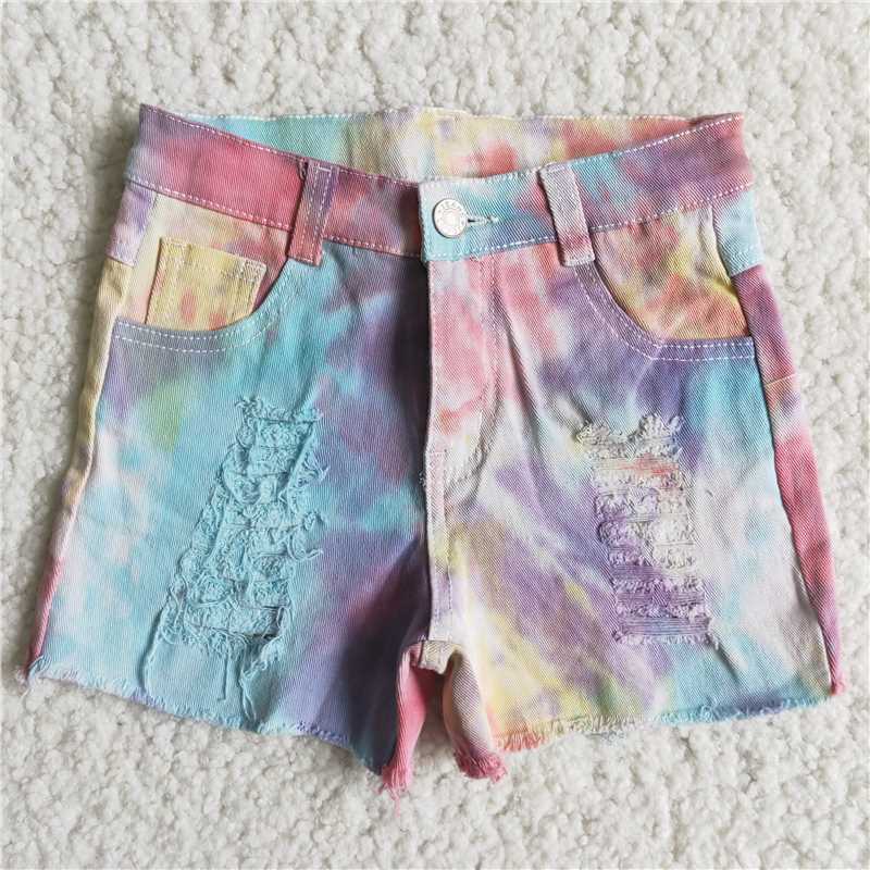 D10-30 Tie-Dye Button Frayed Summer Denim Shorts